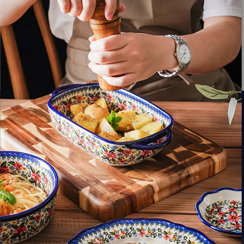 Plat de cuisson en céramique rétro, assiette à salade peinte à la main, bol à riz, plat de cuisson binaural, vaisselle de cuisine, bol à poignée unique