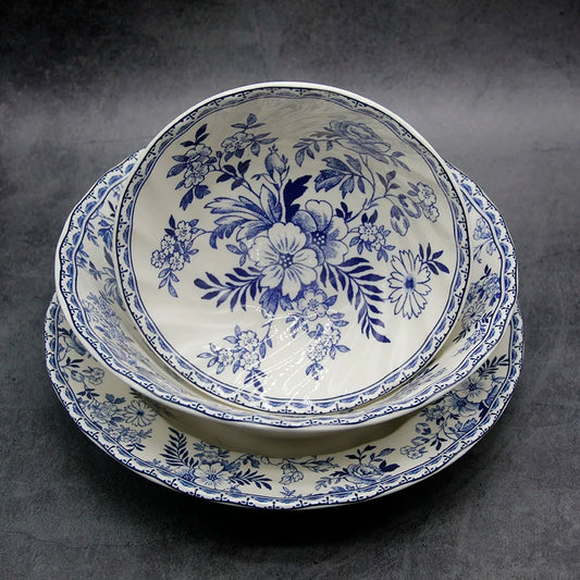 The Blue And White Dinner Set Elegant England Style Dinner Ware Ceramic Breakfast Plate Beef Dishes Dessert Dish Soup Bowl