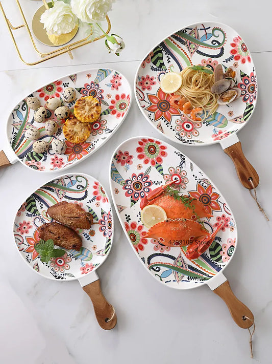 Hungarian ceramic plate, soup bowl, steak plate, home plate, round plate with wooden handle, noodle bowl, fruit salad bowl