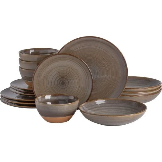 16 Piece Double Bowl Terracotta Reactive Dinnerware Set - Earthy Brown, Service For 4 (16pcs)