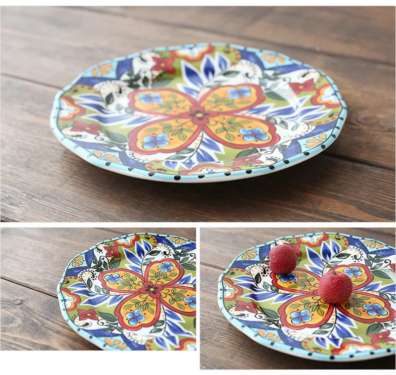 Ceramic Household Dishes Hand-painted Tableware Flat Plate Rustic Ethnic Style Steak Western Round Tray