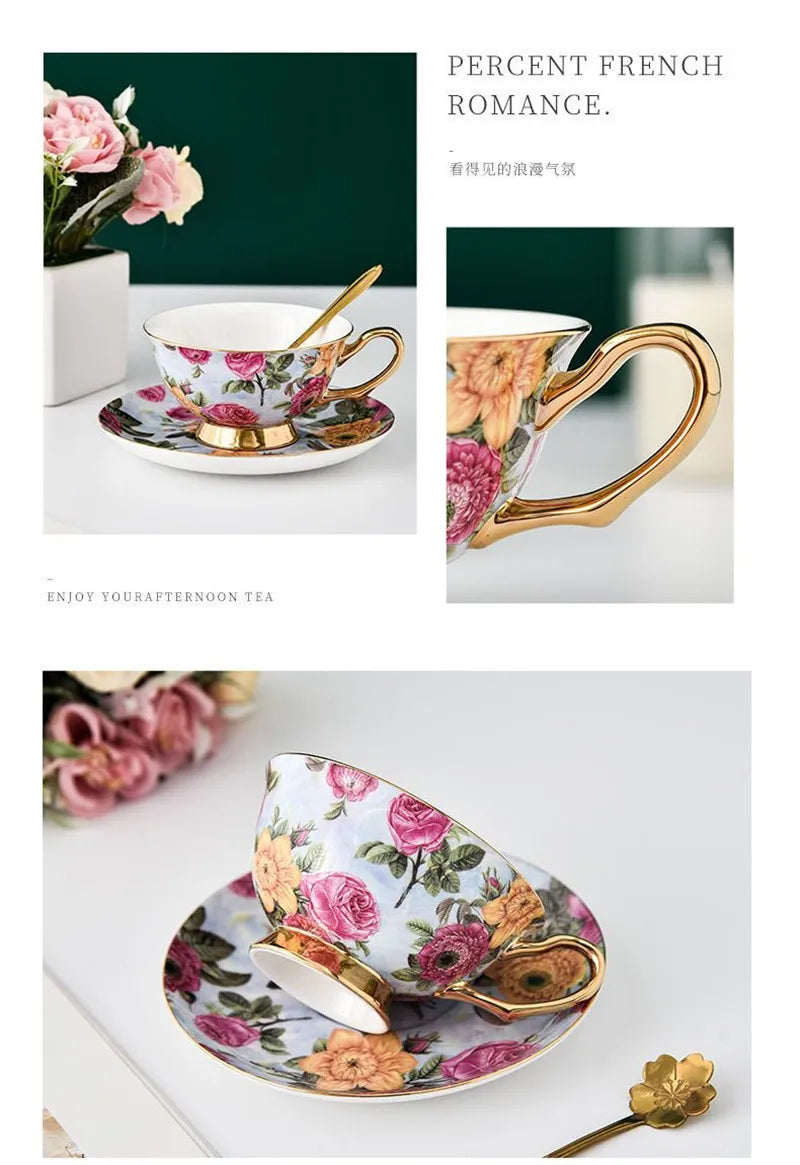 Coffee Cup Saucer Spoon Set Flower Tea Cups Set European Porcelain Cup and Saucer For Coffee Ceramic Cups Mugs Gift