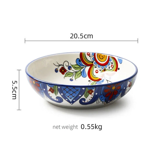 Budapest style 8-inch hand-painted ceramic soup plates, deep plates, Western tableware, circular household salad bowls and plates