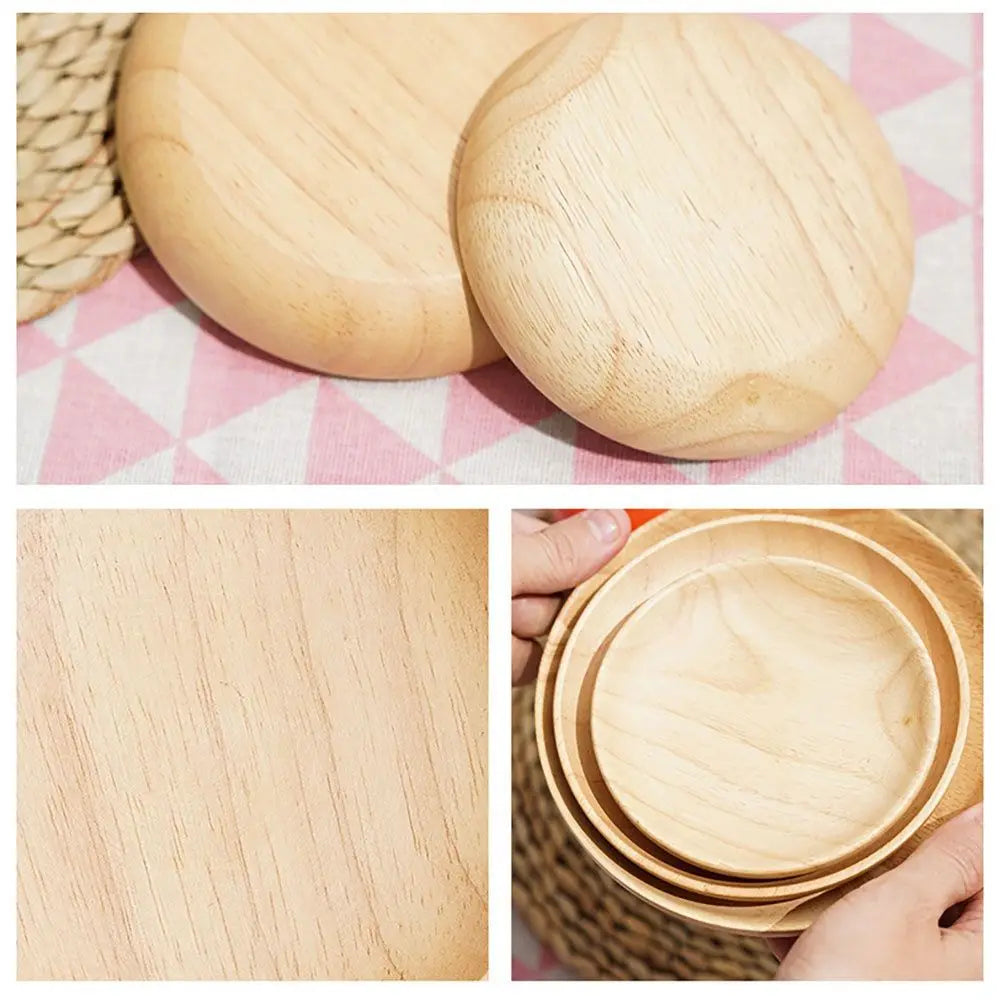 Rubber Wood Eco-Friendly Kitchen Supplies Unbreakable Hand-made Round Wood Plate Tea Tray Dessert Plate Snack Plate