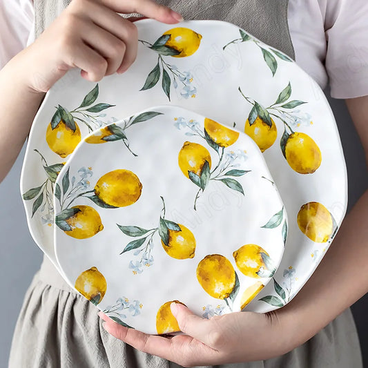 Italian Ceramic Plate Creative Rural Style Breakfast Bread Plate Hand Drawn Lemon Desktop Fruit Salad Plates Kitchen Tableware