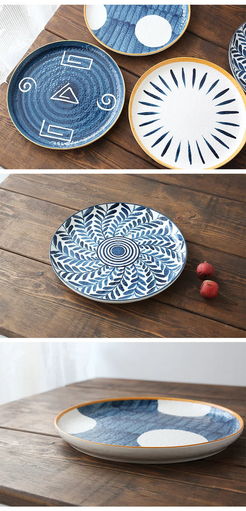 Ceramic Household Dishes Hand-painted Tableware Flat Plate Rustic Ethnic Style Steak Western Round Tray