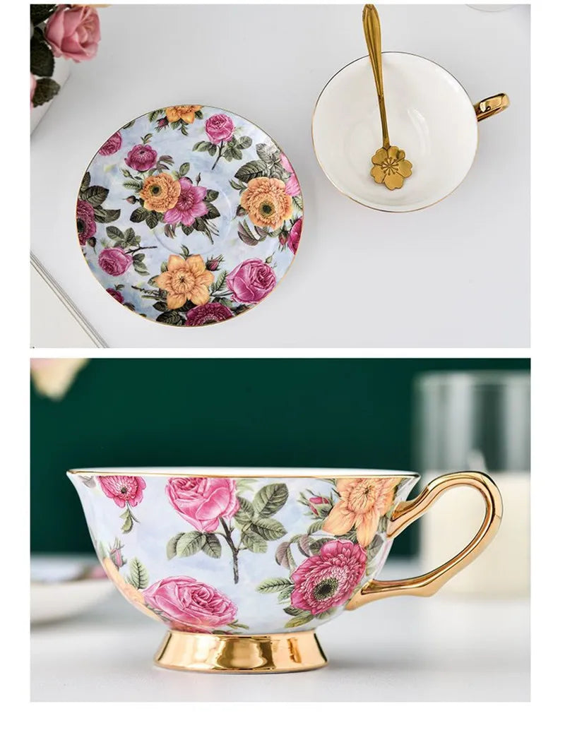 Coffee Cup Saucer Spoon Set Flower Tea Cups Set European Porcelain Cup and Saucer For Coffee Ceramic Cups Mugs Gift