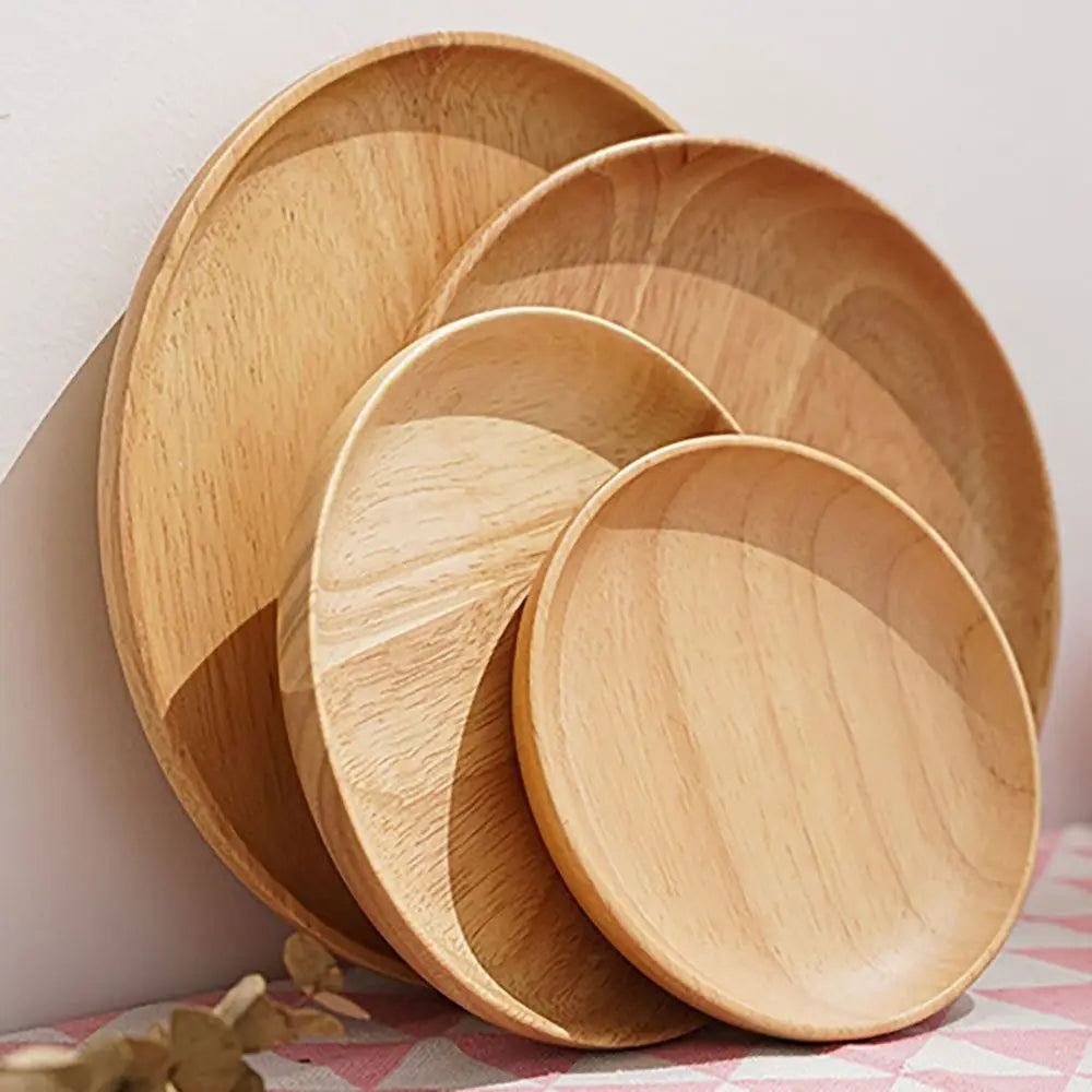 Rubber Wood Eco-Friendly Kitchen Supplies Unbreakable Hand-made Round Wood Plate Tea Tray Dessert Plate Snack Plate