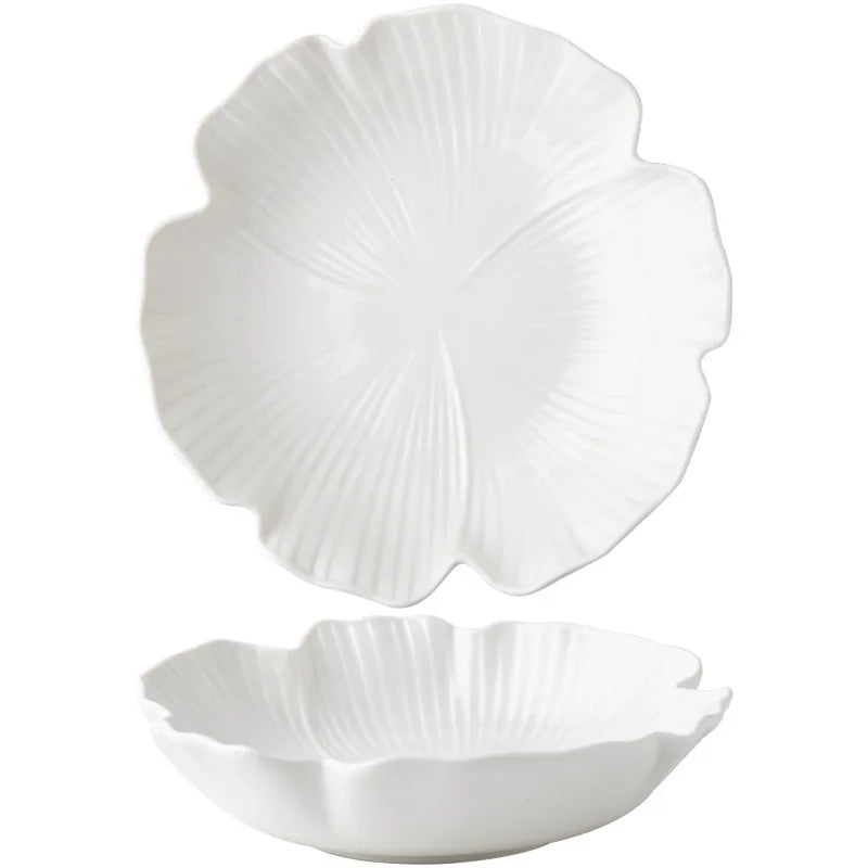 Assiette creuse en céramique blanche nordique en relief avec fleurs de 8 pouces, bol minimaliste de haute beauté, assiette à salade, assiette à soupe, ensemble de couverts