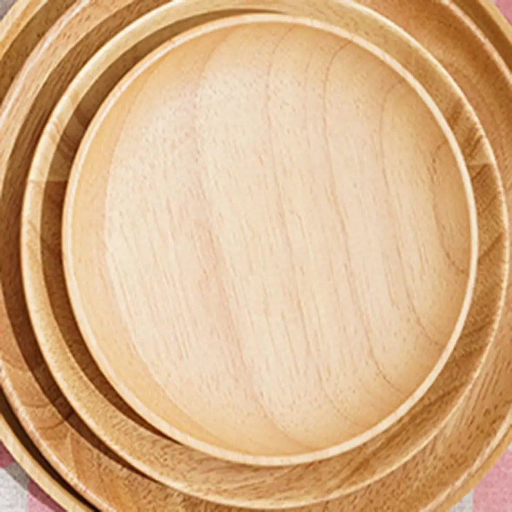 Rubber Wood Eco-Friendly Kitchen Supplies Unbreakable Hand-made Round Wood Plate Tea Tray Dessert Plate Snack Plate