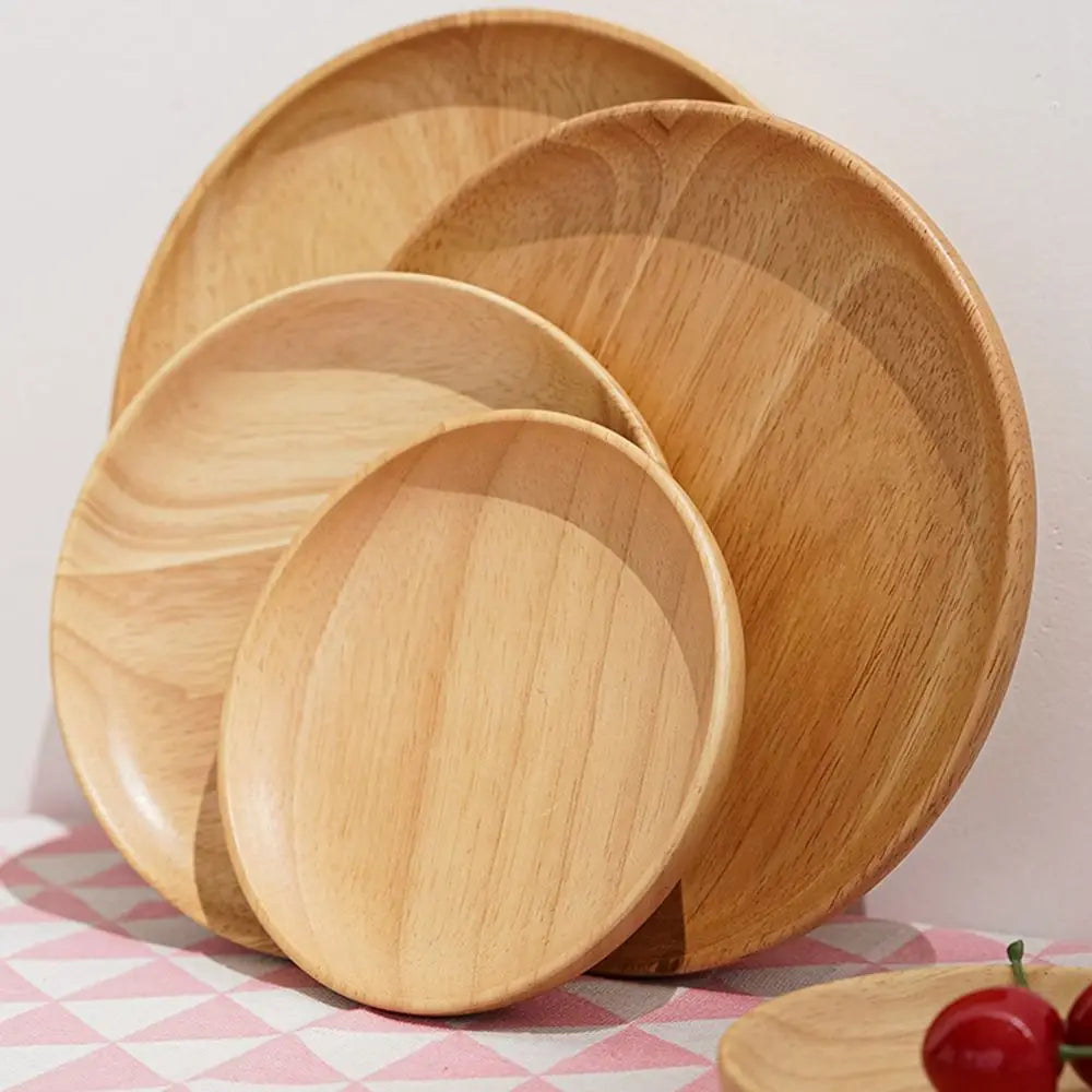 Rubber Wood Eco-Friendly Kitchen Supplies Unbreakable Hand-made Round Wood Plate Tea Tray Dessert Plate Snack Plate