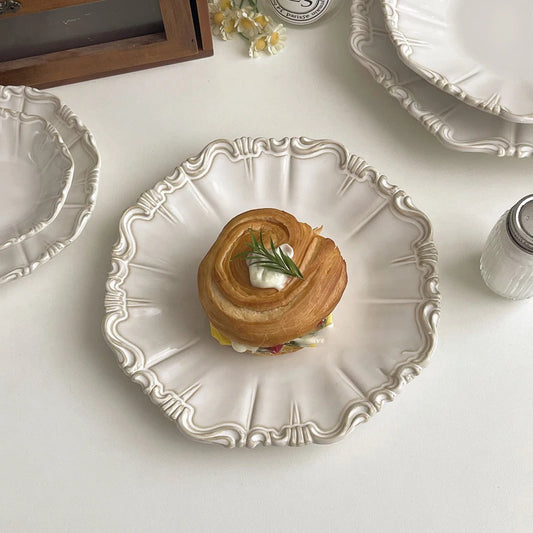 Retro Relief Ceramic Plate Light Luxury Household Dessert Pastry Plate Kitchen Western Food Plate Exquisite Tableware