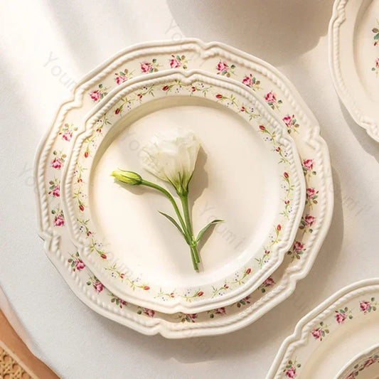 French Style Rose Ceramic Plates Light Luxury Restaurant Dessert Salad Bowls Delicious Dishes Dining Plate Exquisite Tableware