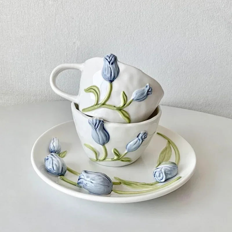 Three-dimensional Embossed Ceramic Mug Tulip Bowls Coffee Cup with Handle Dessert Cake Plate Home Tableware Kitchen Accessories