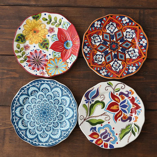 Ceramic Household Dishes Hand-painted Tableware Flat Plate Rustic Ethnic Style Steak Western Round Tray