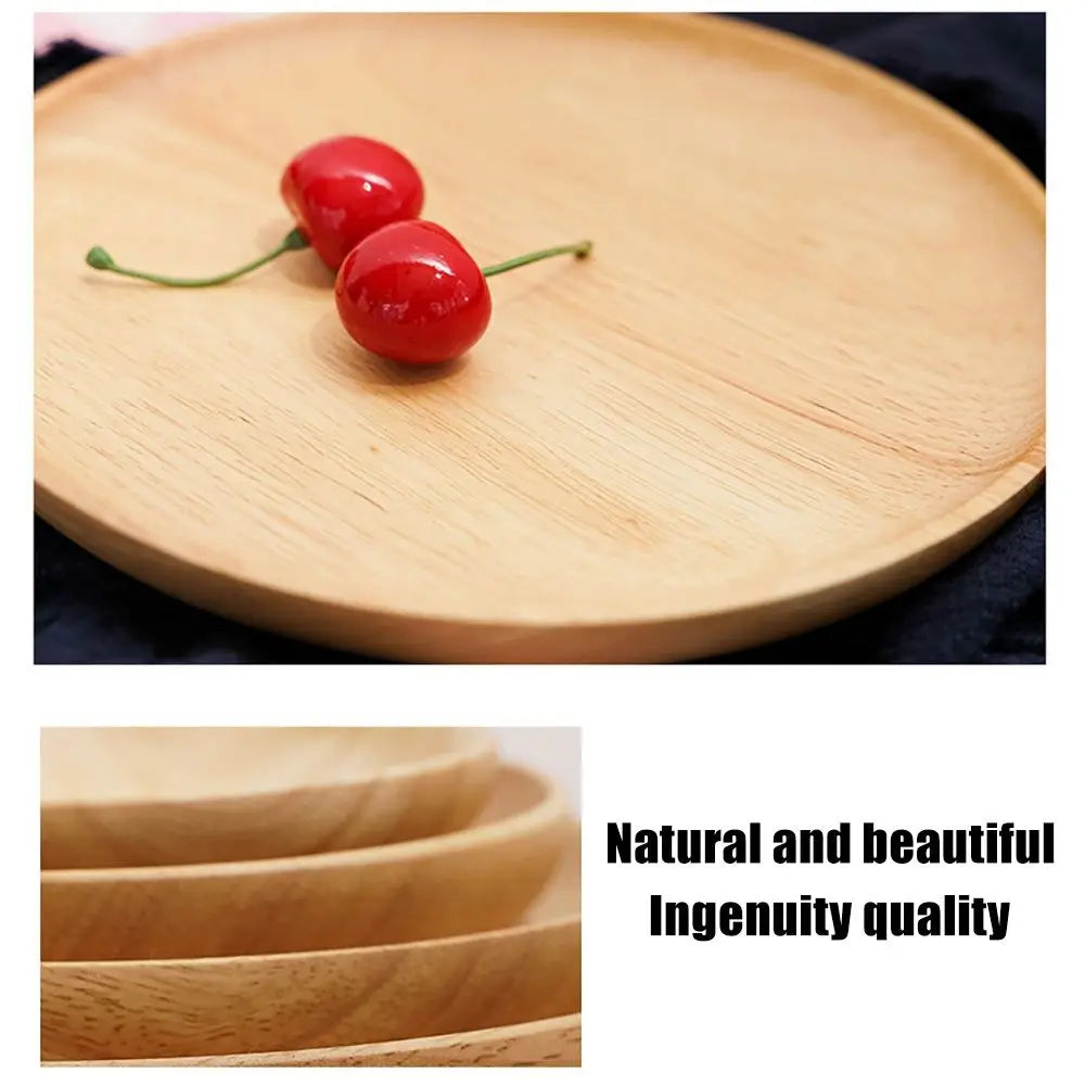 Rubber Wood Eco-Friendly Kitchen Supplies Unbreakable Hand-made Round Wood Plate Tea Tray Dessert Plate Snack Plate