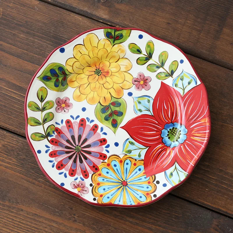 Ceramic Household Dishes Hand-painted Tableware Flat Plate Rustic Ethnic Style Steak Western Round Tray