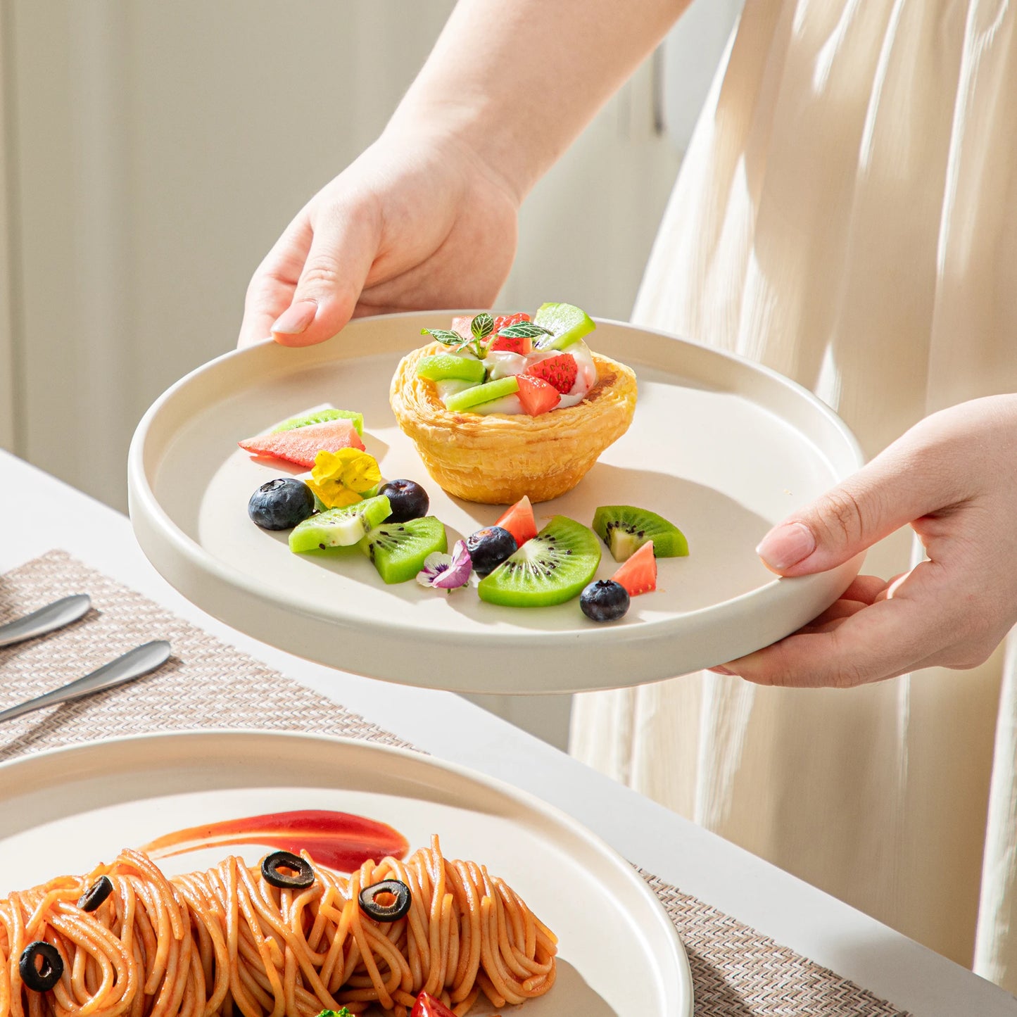 Service de table en grès VANCASSO VENUS série 12/24/36 pièces BLANC CRÈME avec assiette à dîner/dessert/bol pour 4/8/12 personnes