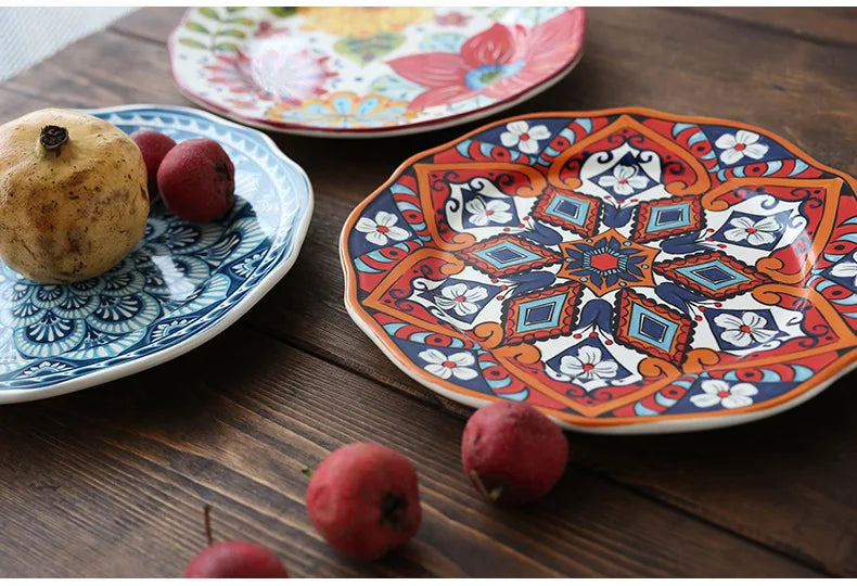 Ceramic Household Dishes Hand-painted Tableware Flat Plate Rustic Ethnic Style Steak Western Round Tray