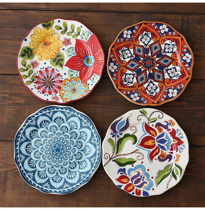 Ceramic Household Dishes Hand-painted Tableware Flat Plate Rustic Ethnic Style Steak Western Round Tray