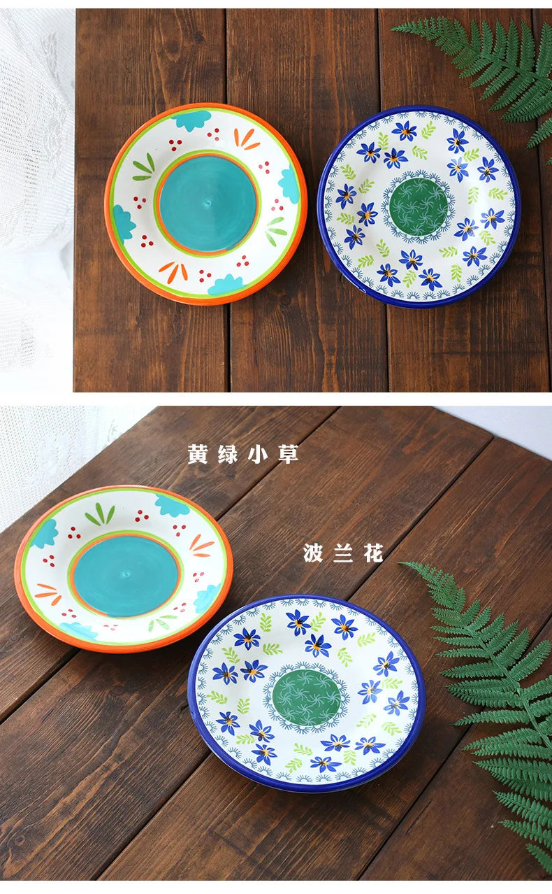 Ceramic Household Dishes Hand-painted Tableware Flat Plate Rustic Ethnic Style Steak Western Round Tray