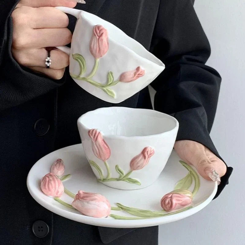 Three-dimensional Embossed Ceramic Mug Tulip Bowls Coffee Cup with Handle Dessert Cake Plate Home Tableware Kitchen Accessories