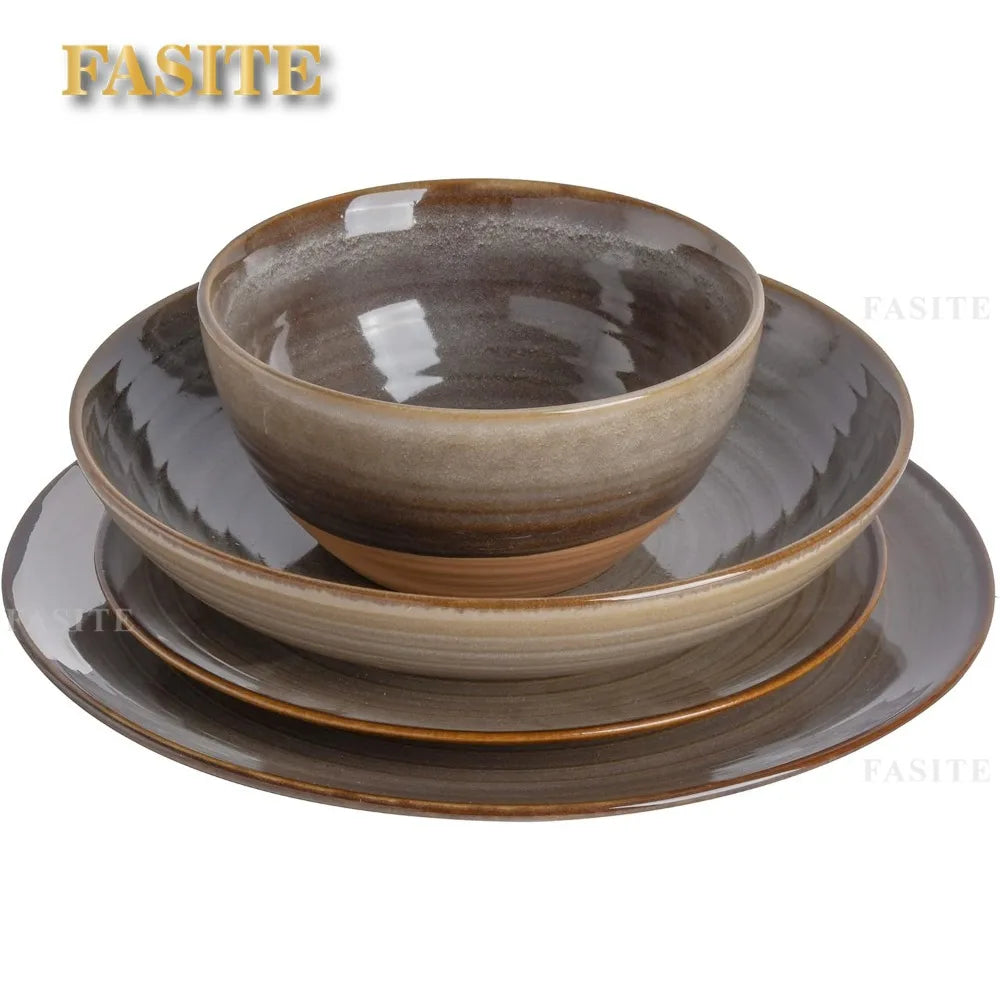 16 Piece Double Bowl Terracotta Reactive Dinnerware Set - Earthy Brown, Service For 4 (16pcs)