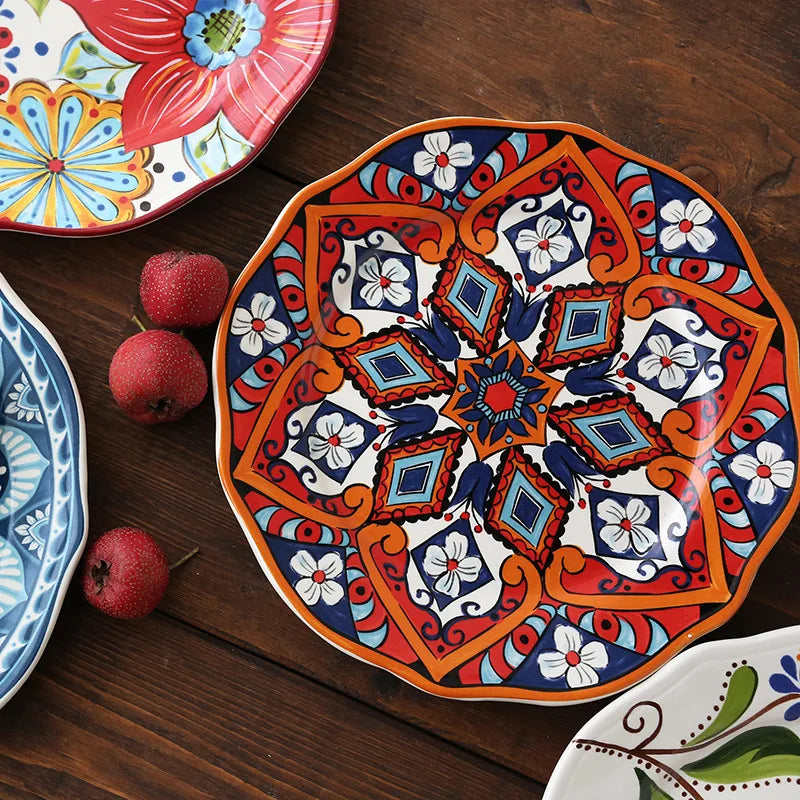 Ceramic Household Dishes Hand-painted Tableware Flat Plate Rustic Ethnic Style Steak Western Round Tray