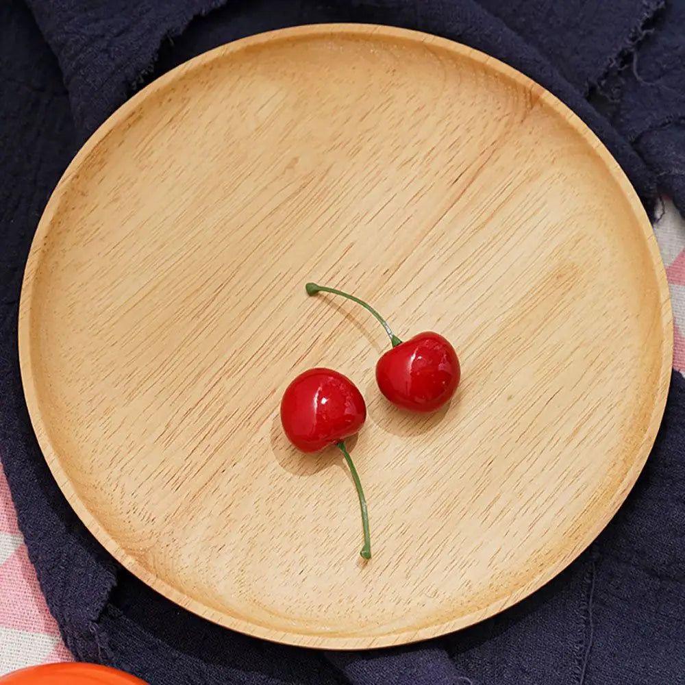 Rubber Wood Eco-Friendly Kitchen Supplies Unbreakable Hand-made Round Wood Plate Tea Tray Dessert Plate Snack Plate