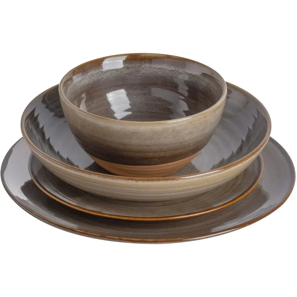 16 Piece Double Bowl Terracotta Reactive Dinnerware Set - Earthy Brown, Service For 4 (16pcs)