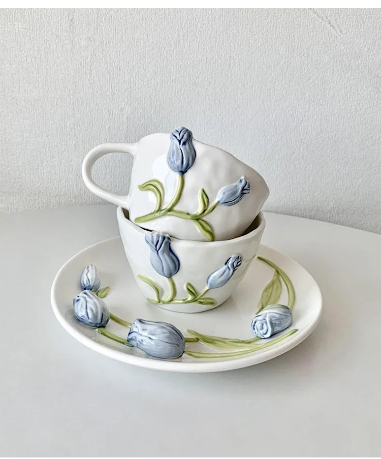 Three-dimensional Embossed Ceramic Mug Tulip Bowls Coffee Cup with Handle Dessert Cake Plate Home Tableware Kitchen Accessories