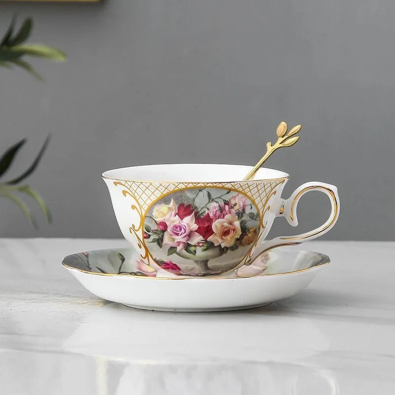 Ceramic Coffee Cup Saucer Spoon Set Flower Tea Cups Set European Porcelain Mug and Saucer For Coffee Cups Mugs Coffeeware Gift - BELMA