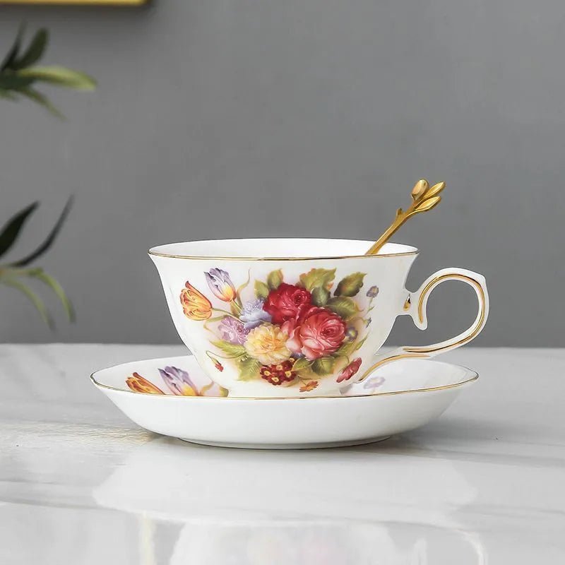 Ceramic Coffee Cup Saucer Spoon Set Flower Tea Cups Set European Porcelain Mug and Saucer For Coffee Cups Mugs Coffeeware Gift - BELMA